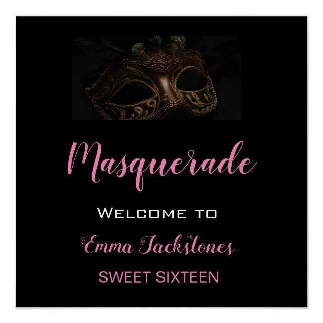 Masquerade Black & Pink Geburtstagsparty Poster (Vorderseite)