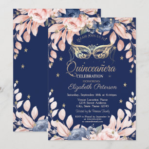 Masquerade, Blüten, Goldstars Quinceañera Einladung