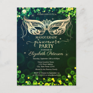Masquerade Bokeh Green Dots Quinceañera Einladungspostkarte