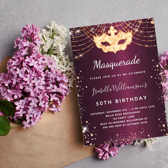 Masquerade burgundy Rose Gold Glitzer Geburtstag Einladung (Von Creator hochgeladen)