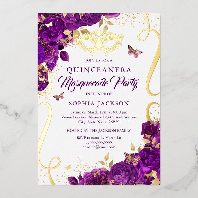 Masquerade Butterfly Gold Lila Quinceanera Folieneinladung (Vorderseite)