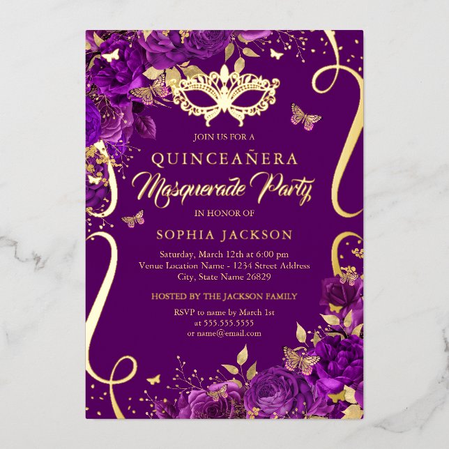 Masquerade Butterfly Lila Quinceanera Folieneinladung (Vorderseite)
