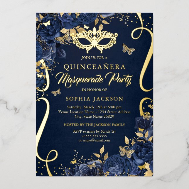 Masquerade Butterfly Royal Navy Quinceanera Folieneinladung (Vorderseite)