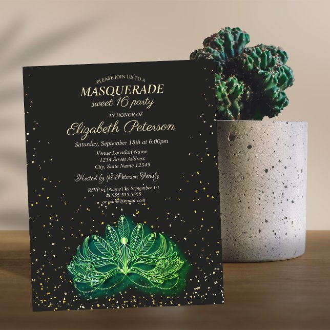 Masquerade, Confetti Green Masque Sweet 16 Einladungspostkarte (Von Creator hochgeladen)