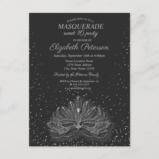 Masquerade, Confetti Masque Gray Sweet 16 Einladungspostkarte (Vorderseite)