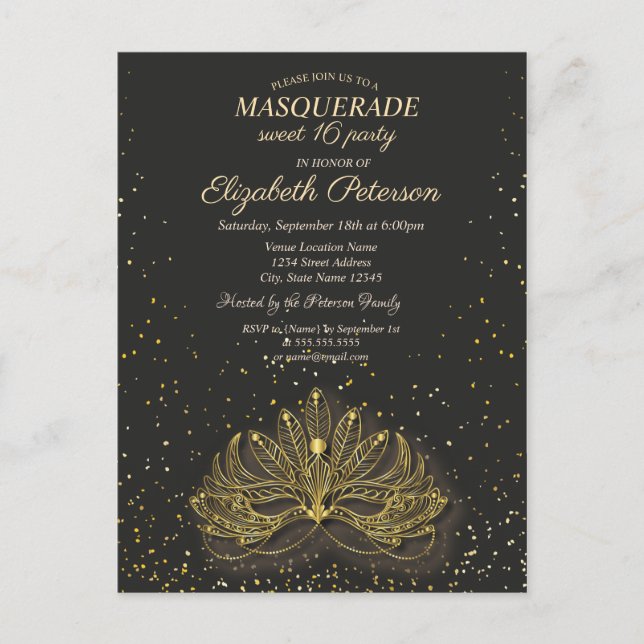 Masquerade, Confetti Masque Sweet 16 Einladungspostkarte (Vorderseite)