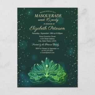 Masquerade, Confetti Stars Grüne Maske Süß 16 Einladungspostkarte