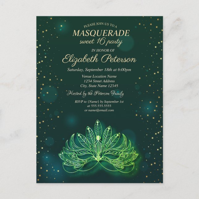 Masquerade, Confetti Stars Grüne Maske Süß 16 Einladungspostkarte (Vorderseite)