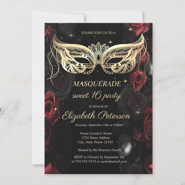 Masquerade Dark Red Roses Gothic Sweet 16 Einladung (Vorderseite)