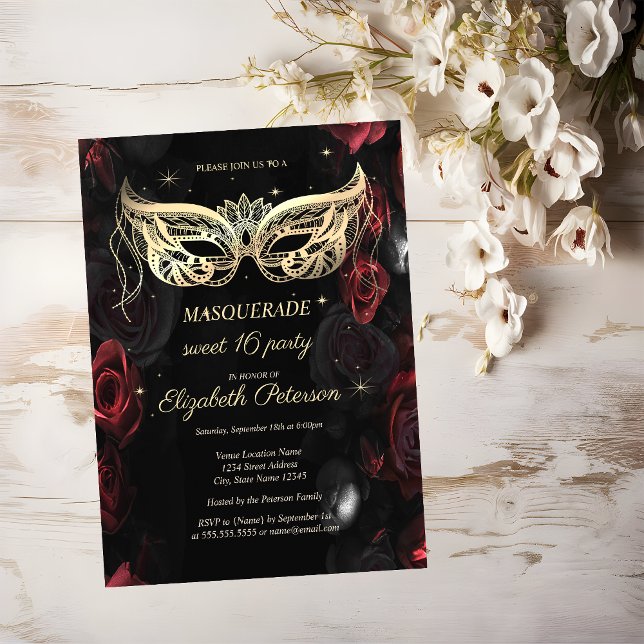 Masquerade Dark Rote Rosen Gothic Sweet 16 Einladungspostkarte (Von Creator hochgeladen)