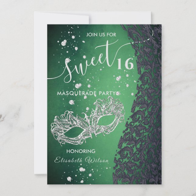 Masquerade Diamond Damask grün süß 16 Einladung (Vorderseite)