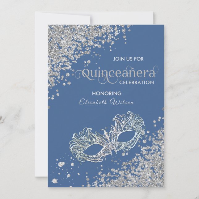 Masquerade Diamond Luxus Quinceañera Blau Einladung (Vorderseite)