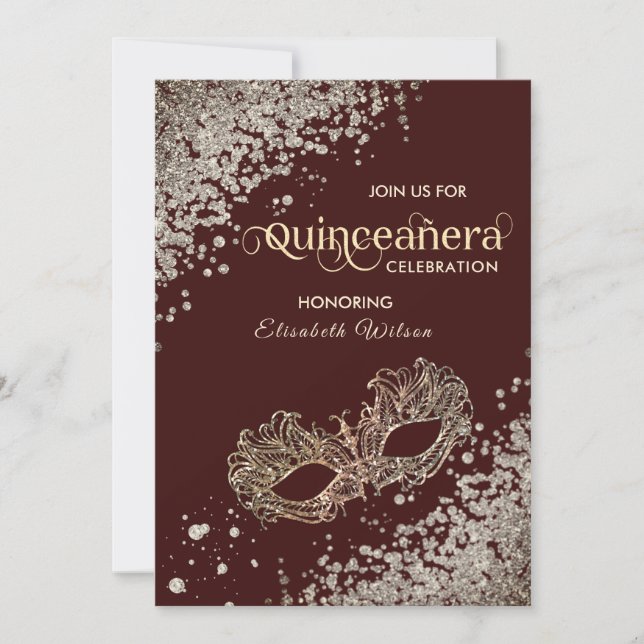 Masquerade Diamond Luxus Quinceañera burgundy Einladung (Vorderseite)