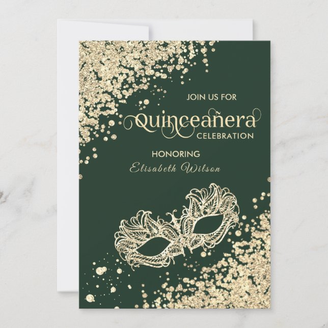 Masquerade Diamond Luxus Quinceañera grün Einladung (Vorderseite)