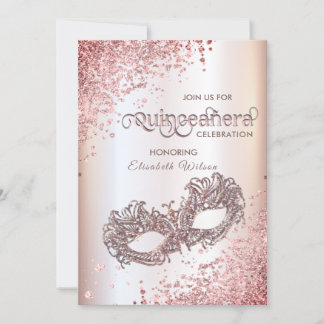 Masquerade Diamond Luxus Quinceañera Rose Gold Einladung