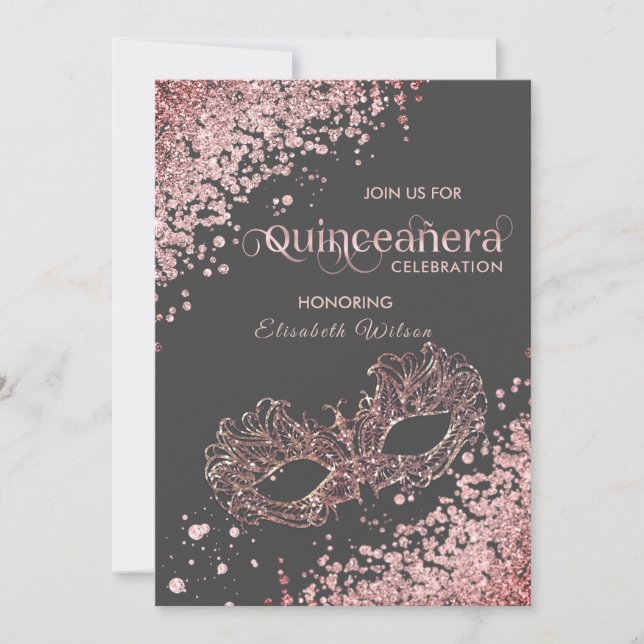 Masquerade Diamond Luxus Quinceañera Rose Gold Einladung (Vorderseite)