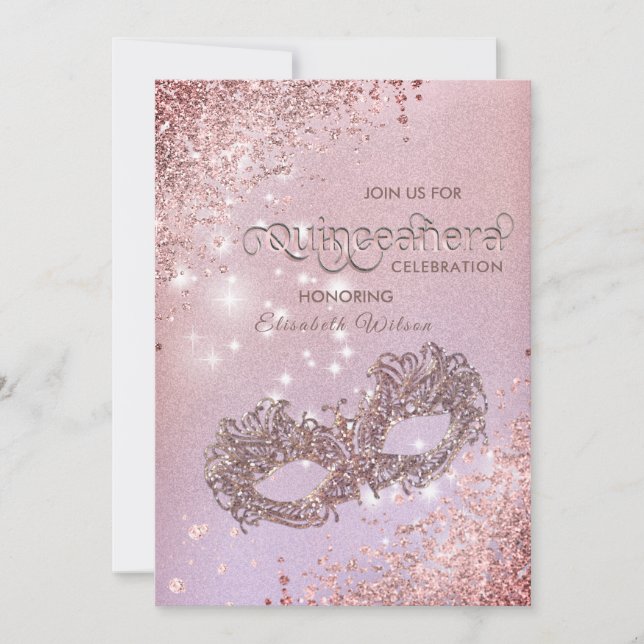 Masquerade Diamond Luxus Quinceañera Rose Gold Einladung (Vorderseite)