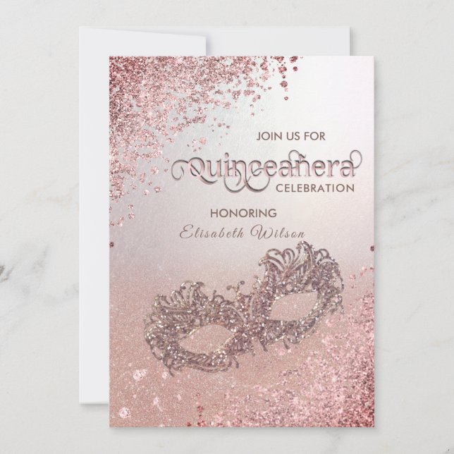 Masquerade Diamond Luxus Quinceañera Rose Gold Einladung (Vorderseite)