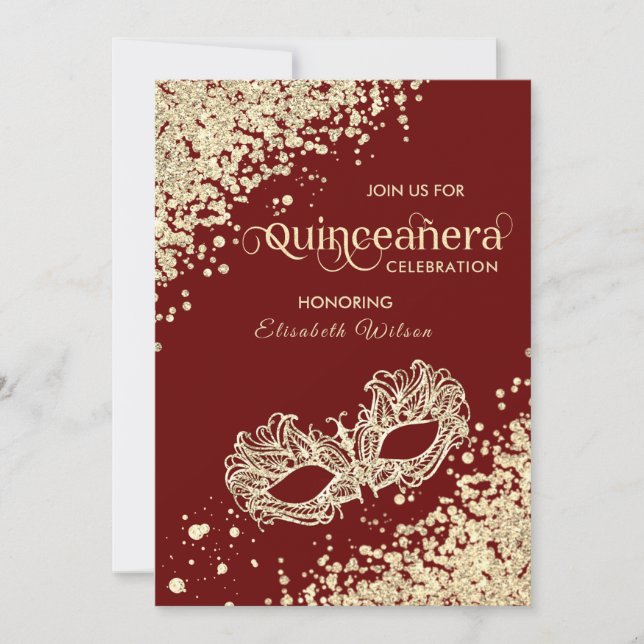Masquerade Diamond Luxus Quinceañera rot Einladung (Vorderseite)