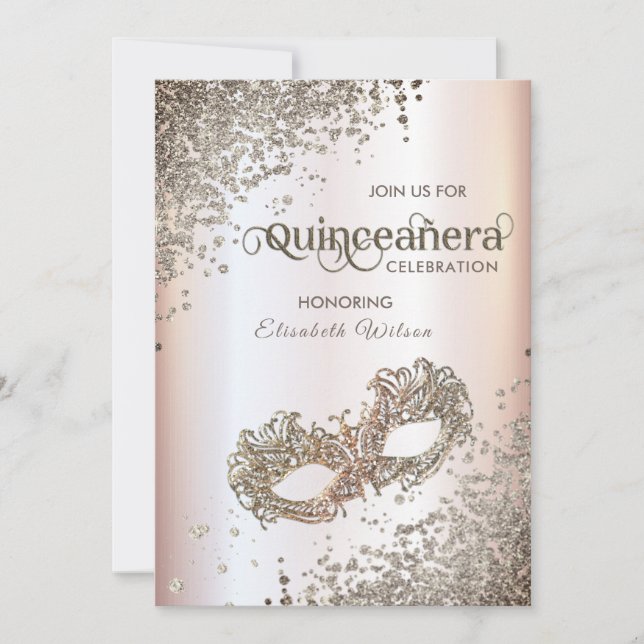 Masquerade Diamond Luxus Quinceañera weiches Rosa Einladung (Vorderseite)
