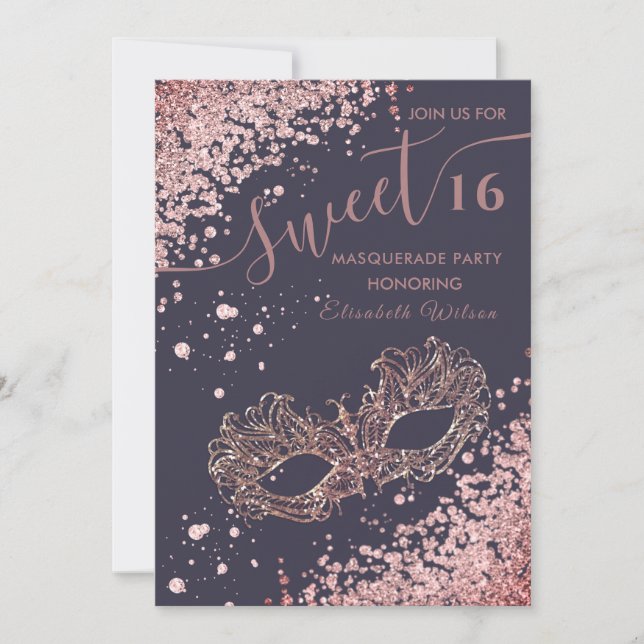 Masquerade Diamond Luxus Rose Gold süß 16 Einladung (Vorderseite)