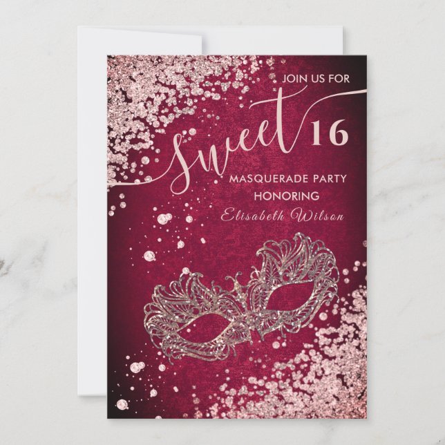 Masquerade Diamond Luxus Rose Gold süß 16 Inv. Einladung (Vorderseite)