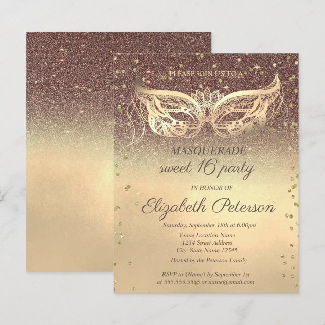Masquerade Diamonds Glitzer Gold Sweet 16 Einladung (Vorne/Hinten)