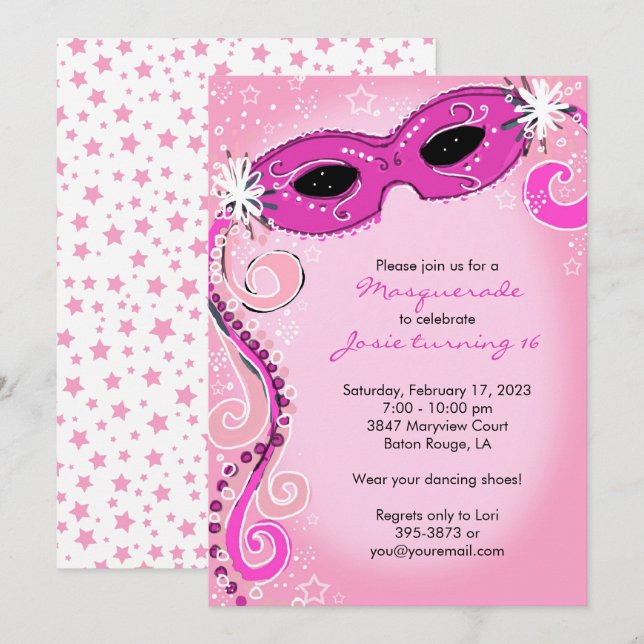 Masquerade Einladung: Rosa Sweet 16 Ball Einladung (Vorne/Hinten)