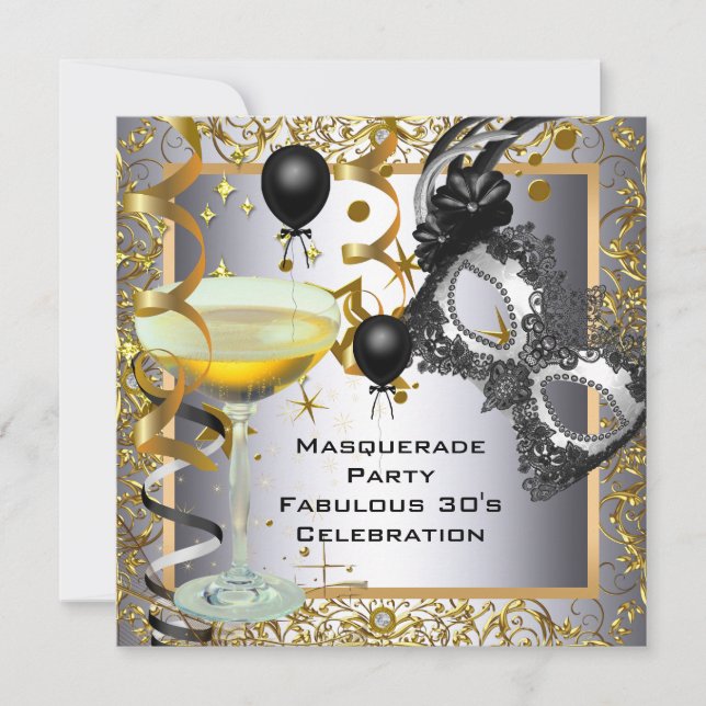 Masquerade Fabulous 30. Silver Gold Black Party Einladung (Vorderseite)