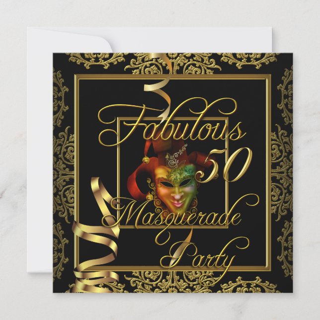 Masquerade Fabulous 50 Gold Black Birthday Party Einladung (Vorderseite)