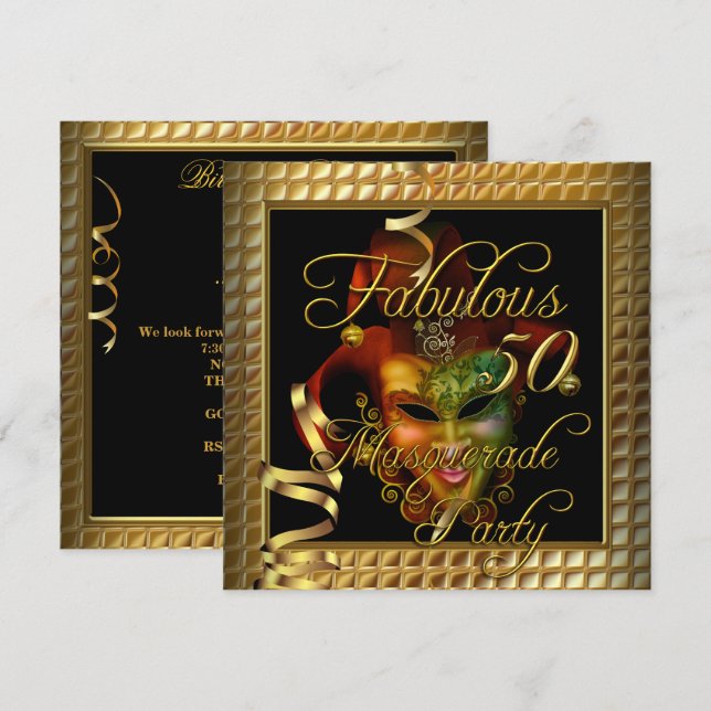 Masquerade Fabulous 50 Gold Black Birthday Party Einladung (Vorne/Hinten)