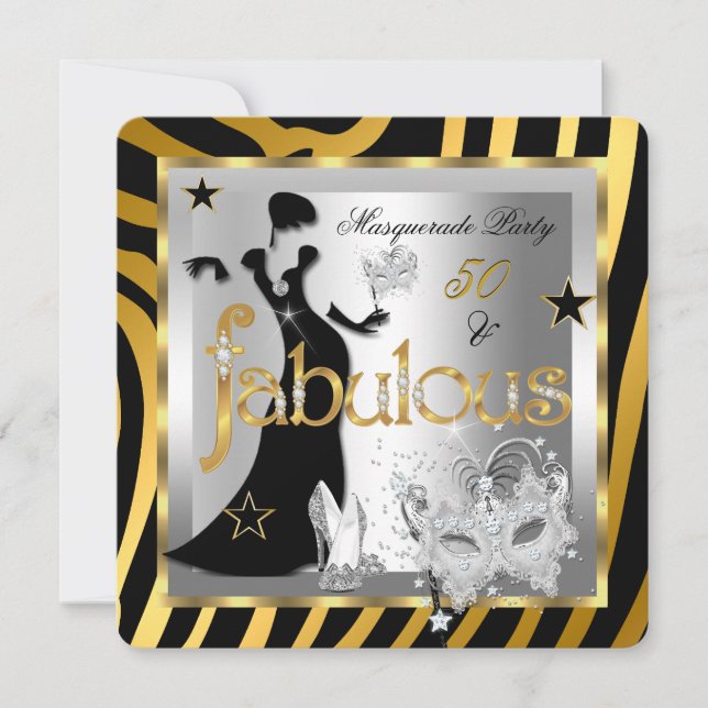 Masquerade Fabulous 50 Zebra Gold Silver Black 2 Einladung (Vorderseite)