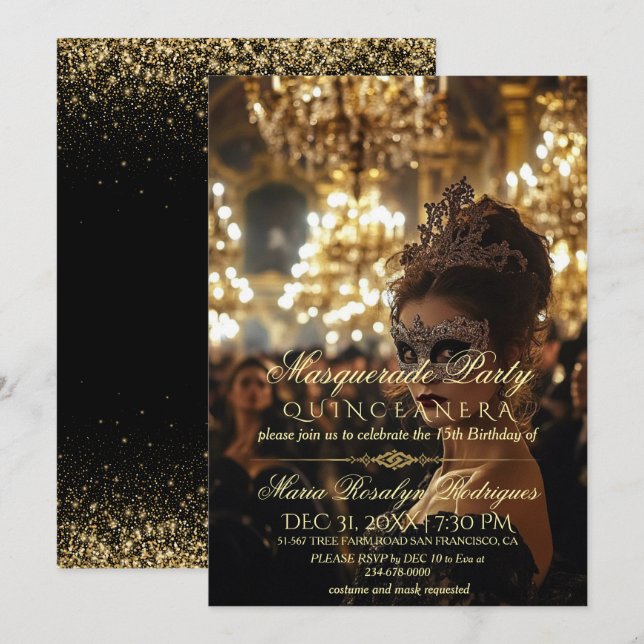 Masquerade Foto Quinceanera Einladung (Vorne/Hinten)