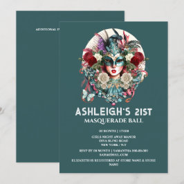 Masquerade Geburtstagsfrau mit aquamariner Goldmas Einladung