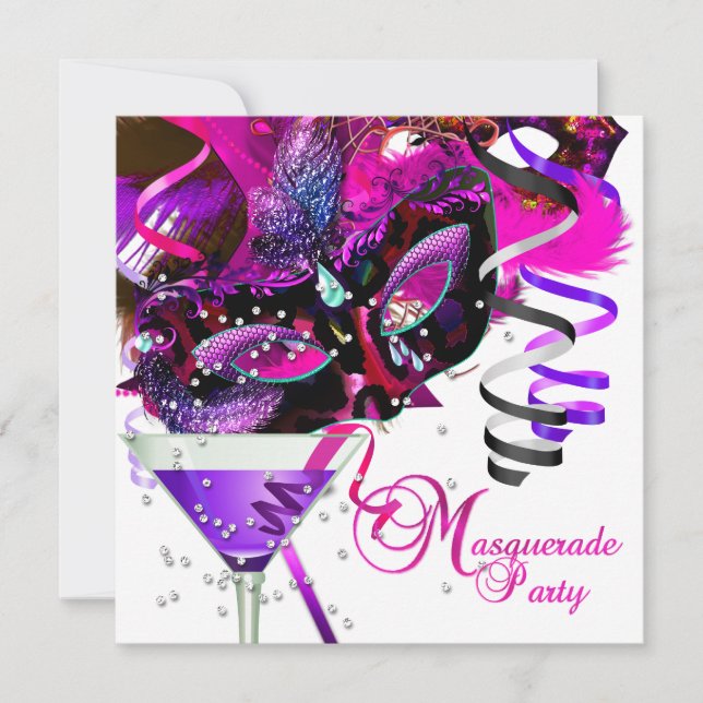 Masquerade Geburtstagsparty Maske Pink Martini Einladung (Vorderseite)