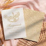 Masquerade Glitzer Maske Schwarz Gold Sweet 16 Einladung<br><div class="desc">Ein modernes,  schicker und glamouröses 16 . Geburtstag mit einer handgezeichneten goldenen Glitzer Maskerade Maske mit vergoldeten Glitzer-Diamanten-Glitzern auf einem bearbeitbaren weißen Hintergrund mit vergoldetem Glitzer auf der Rückseite.</div>
