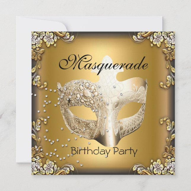 Masquerade Gold Black Birthday Party Einladung (Vorderseite)