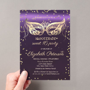 Masquerade Gold Diamanten Lila Sweet 16  Acryleinladungen