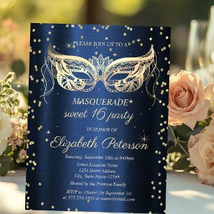 Masquerade Gold Diamanten Navy Blau Sweet 16 Einladungspostkarte