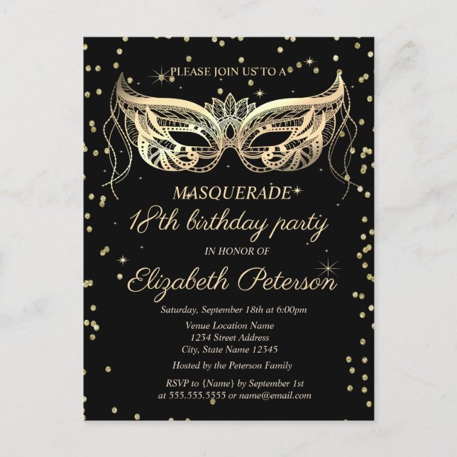 Masquerade Gold Diamonds 18. Geburtstag Einladungspostkarte (Vorderseite)