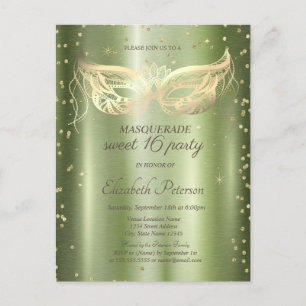Masquerade Gold Diamonds Green Metallic Sweet 16 Einladungspostkarte