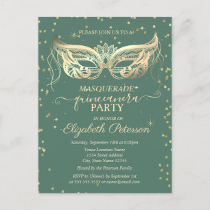 Masquerade Gold Diamonds Green Quinceañera Einladungspostkarte