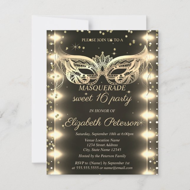 Masquerade Gold Diamonds Lights Sweet 16  Einladung (Vorderseite)