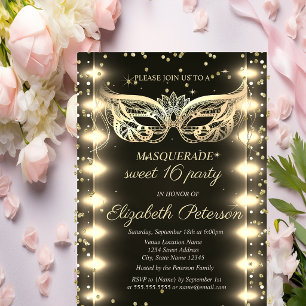 Masquerade Gold Diamonds Lights Sweet 16 Einladungspostkarte