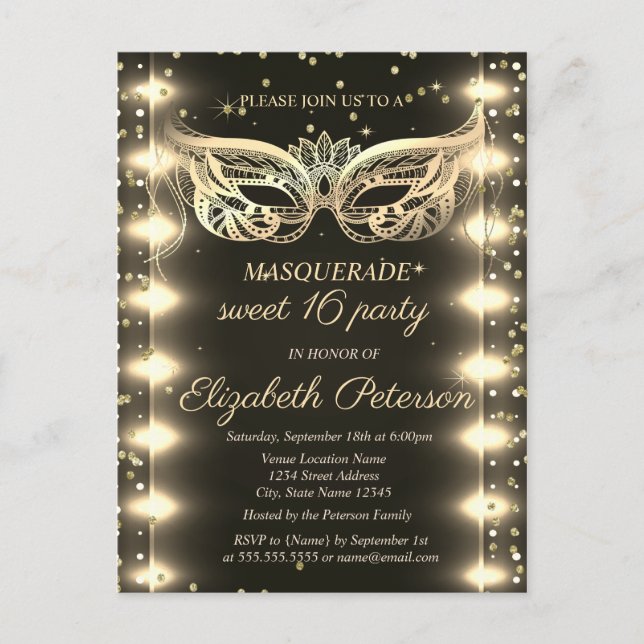 Masquerade Gold Diamonds Lights Sweet 16 Einladungspostkarte (Vorderseite)
