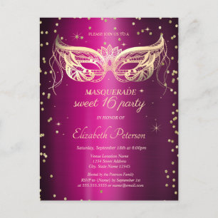 Masquerade Gold Diamonds Lila Metallisch Sweet 16  Einladungspostkarte