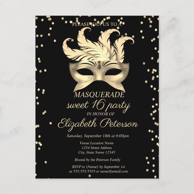 Masquerade Gold Diamonds, Masque Sweet 16 Einladungspostkarte (Vorderseite)