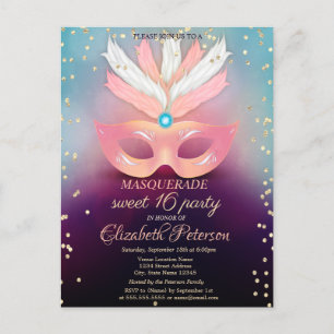 Masquerade Gold Diamonds,Pink Masque Sweet 16 Einladungspostkarte