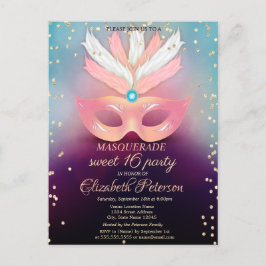 Masquerade Gold Diamonds, Rosa Maske Sweet 16 Einladungspostkarte