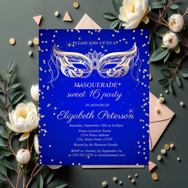 Masquerade Gold Diamonds Royal Blue Sweet 16 Einladungspostkarte (Von Creator hochgeladen)